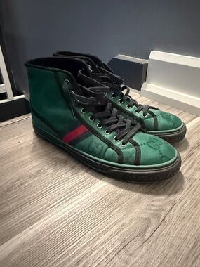 Gucci Green High-Top Canvas Sneakers with Red Stripe